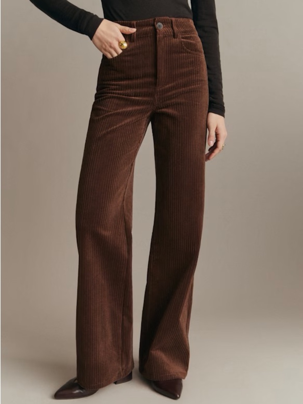 Sezane Chocolate Brown Corduroy Pants - Classic Straight Fit with High Waist